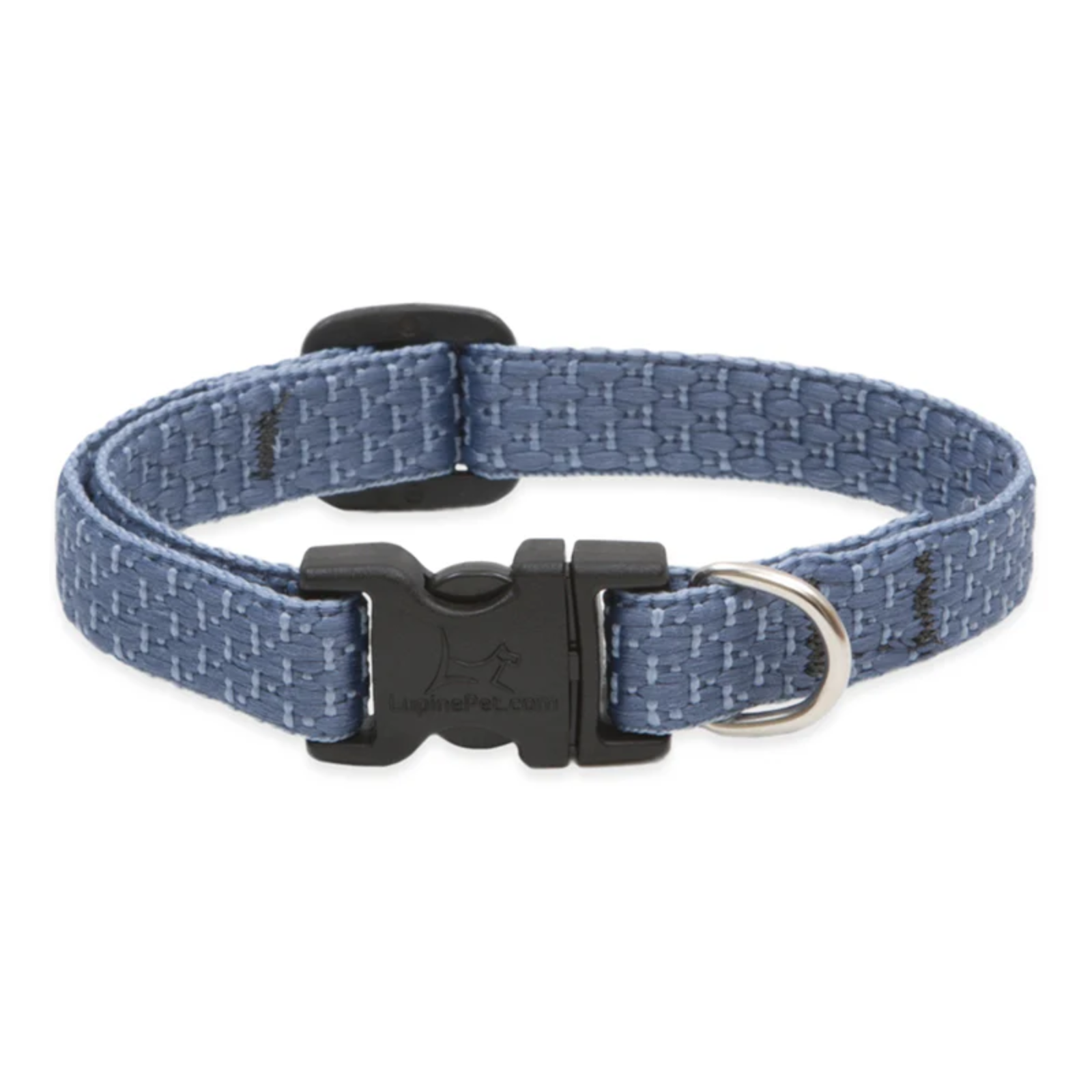 A blue woven fabric dog collar with a black plastic quick-release buckle and a silver metal D-ring, shown on a plain white background.