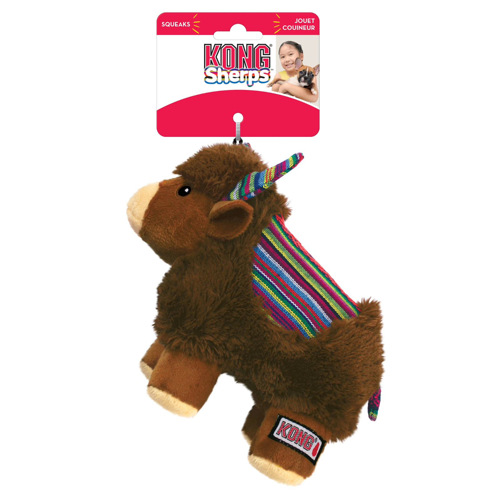 Kong Sherps dog toy with a colorful striped strap on a white background