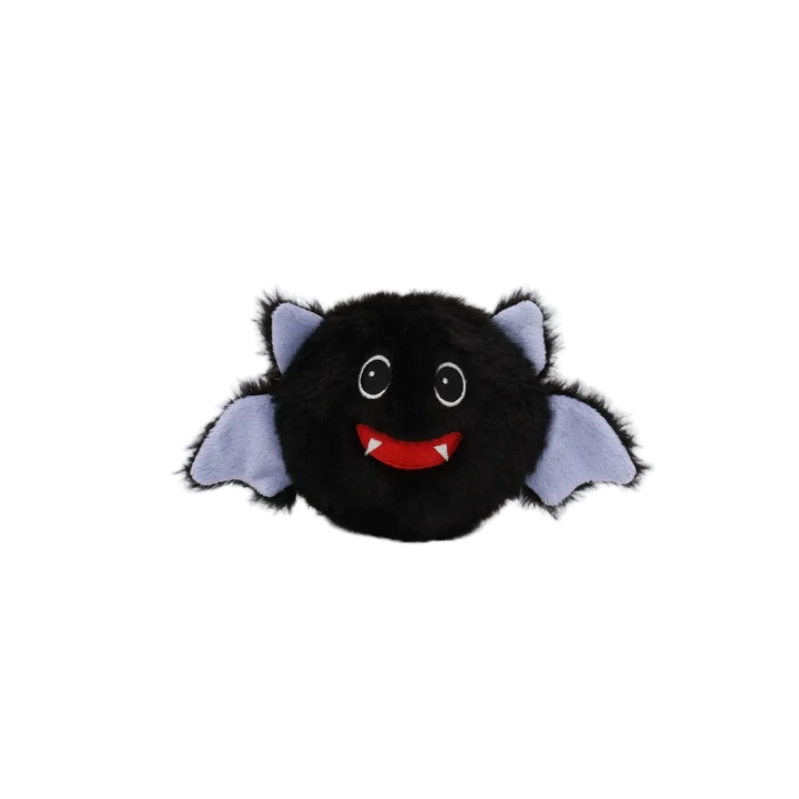 A black plush toy shaped like a round bat with light purple wings, large white eyes, and a red smiling mouth showing small white teeth, photographed on a clean white background.