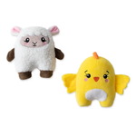 Two cute plush toys on a plain white background: a white fluffy sheep with brown legs and pink ears, and a yellow chick with brown wings, pink cheeks, and a small orange crest.