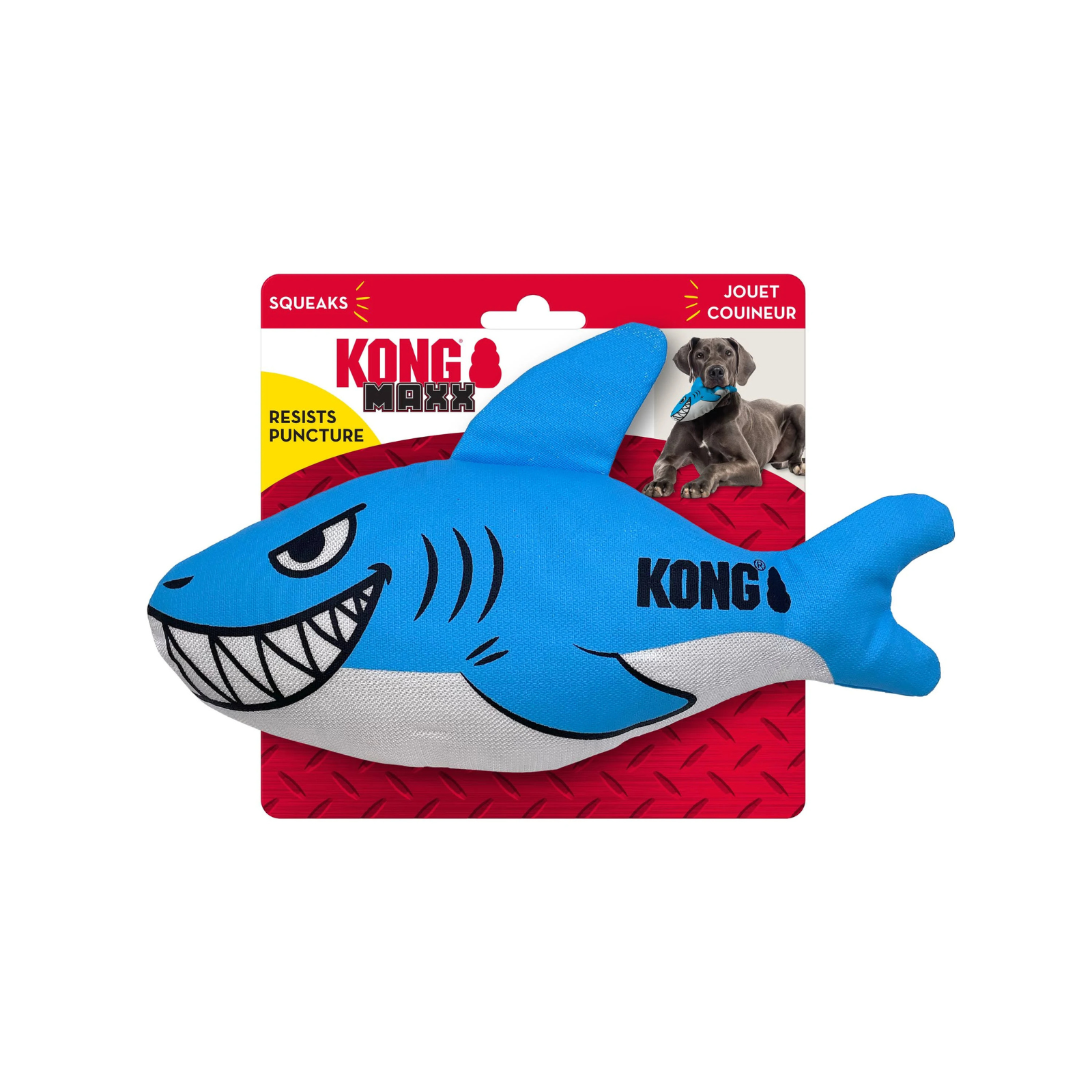 Blue shark-shaped KONG dog toy on a red packaging background