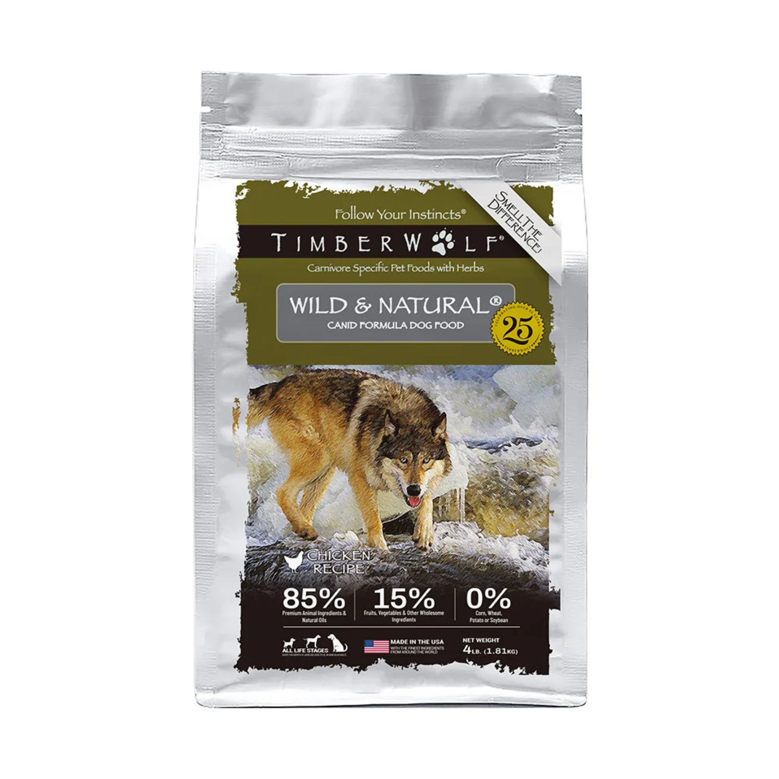 Timber Wolf dog food package on a white background