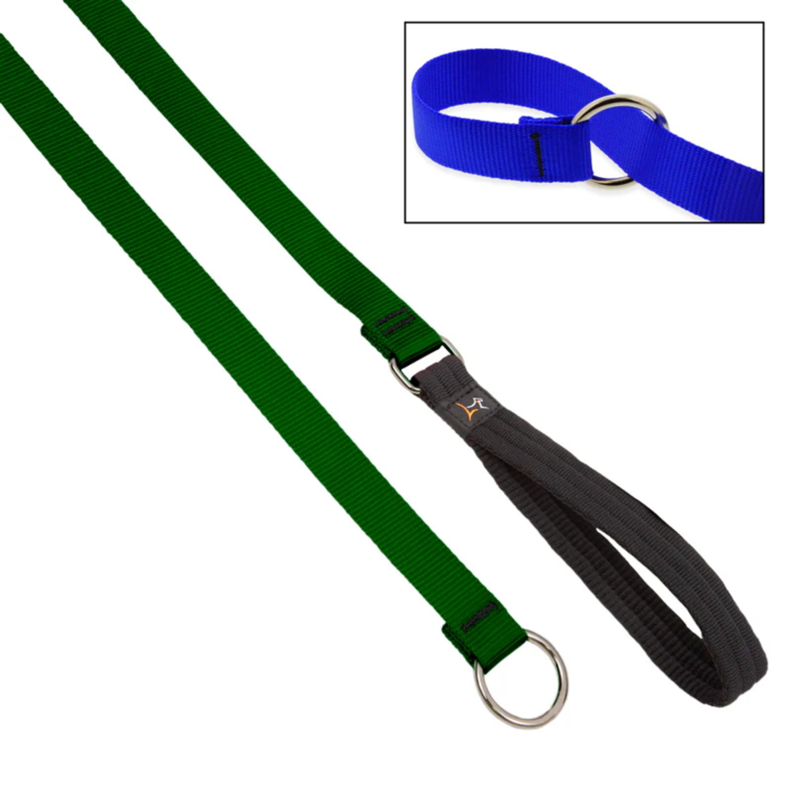 A green and black dog leash with a silver metal D-ring and adjustment buckle, shown on a white background with an inset image of a blue leash.