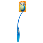 Chuckit! dog toy with a blue curved handle and a blue-and-white tennis ball on a bright orange retail card, shown on a plain white background.