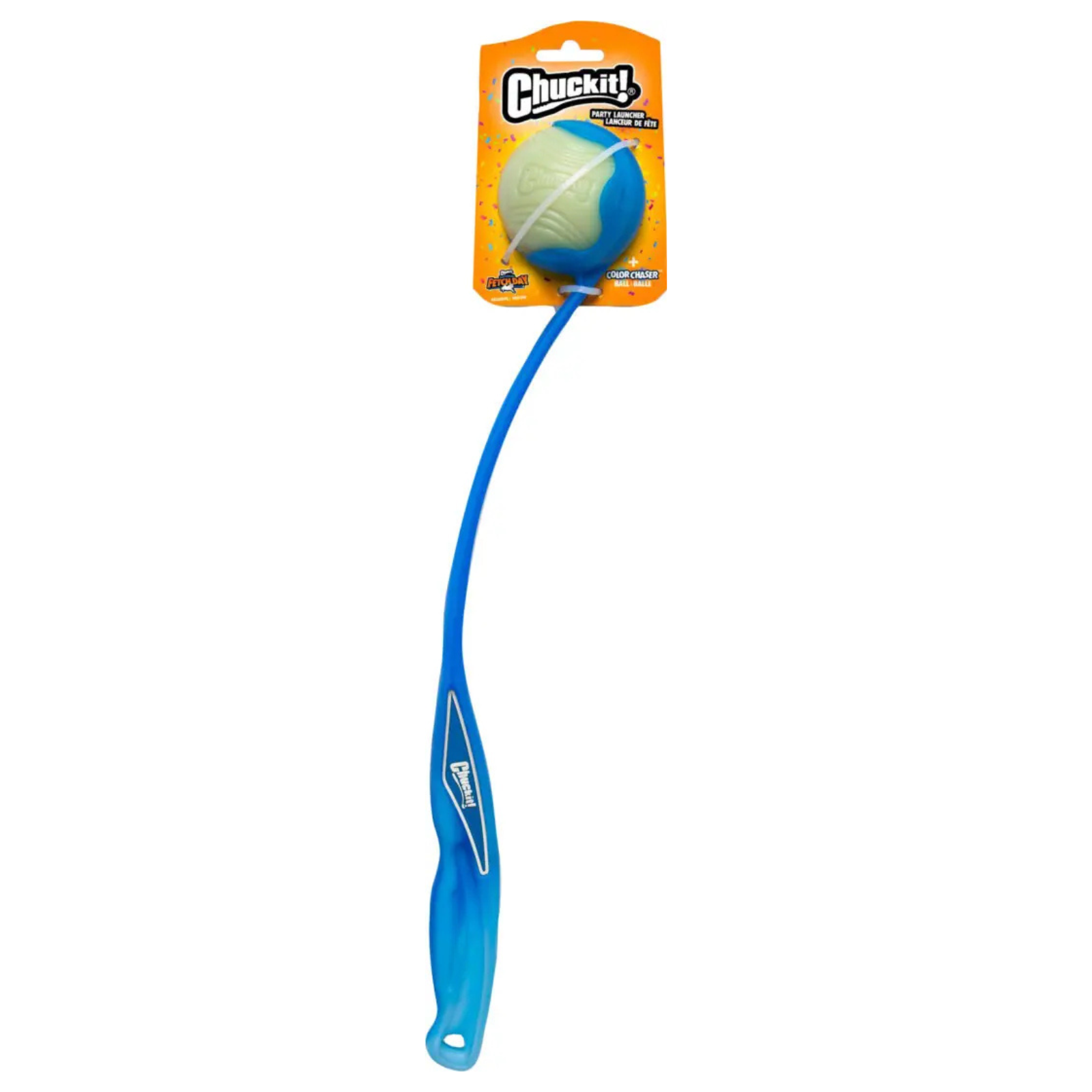 Chuckit! dog toy with a blue curved handle and a blue-and-white tennis ball on a bright orange retail card, shown on a plain white background.
