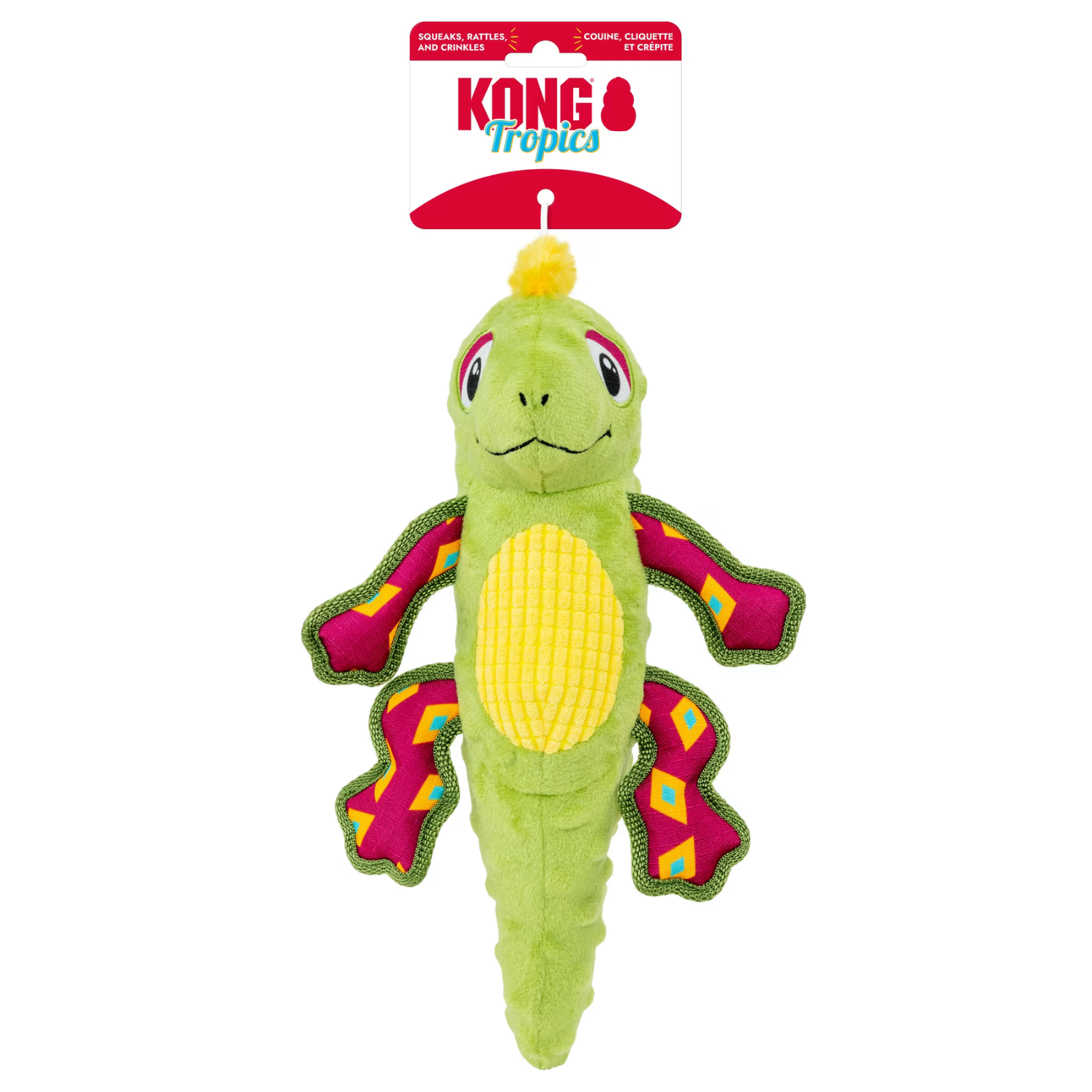 Green lizard-shaped toy with red accents on a white background, featuring the Kong brand.