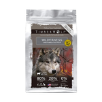 Timber Wolf Wilderness dog food package with a wolf illustration on a white background