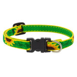 Green and yellow patterned dog collar with a black buckle on a white background