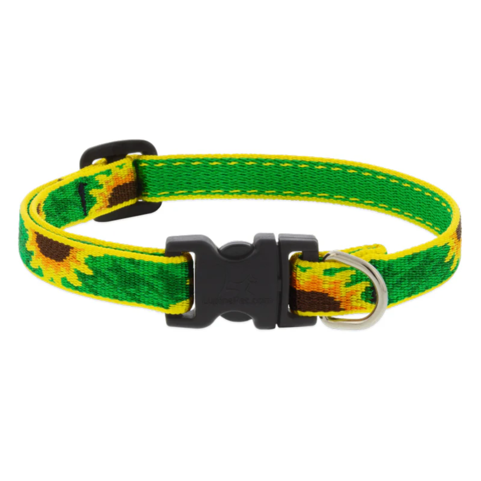 Green and yellow patterned dog collar with a black buckle on a white background