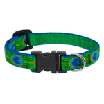 Green and blue dog collar with a black buckle on a white background
