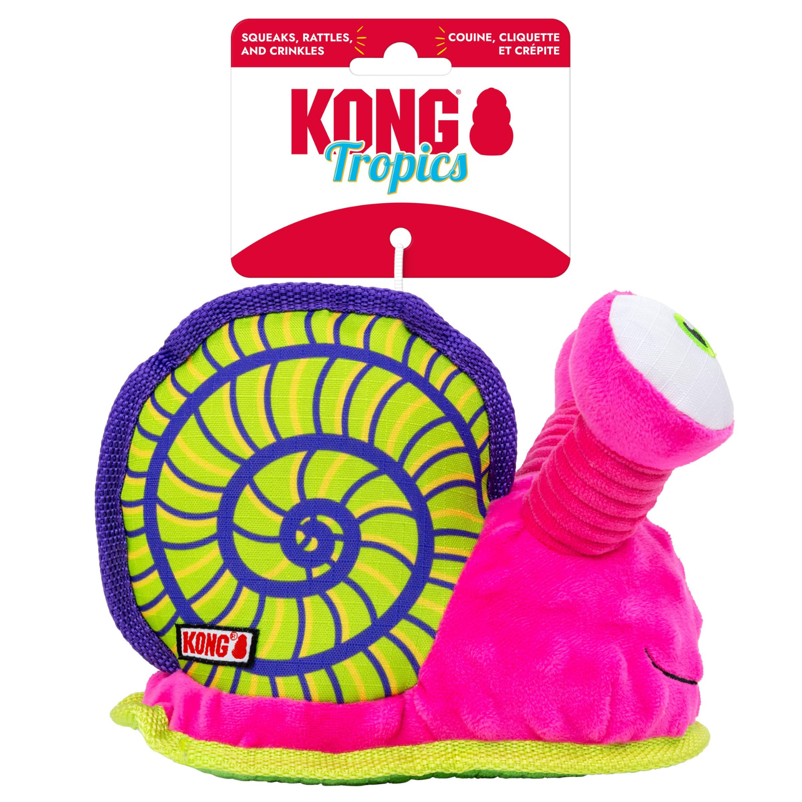 Pink and green snail-shaped toy with KONG branding on a white background