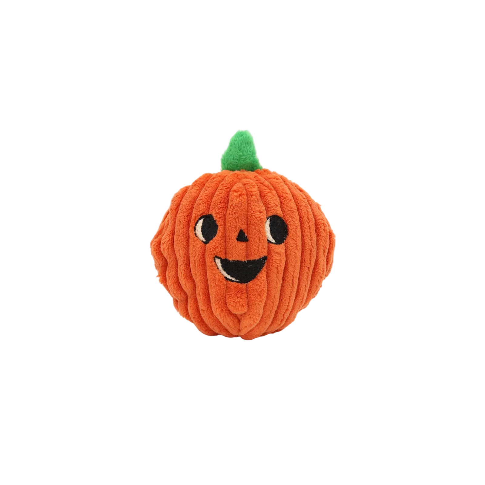 An orange corduroy pumpkin plush toy with a green stem and a stitched jack-o'-lantern face, centered on a clean white background.