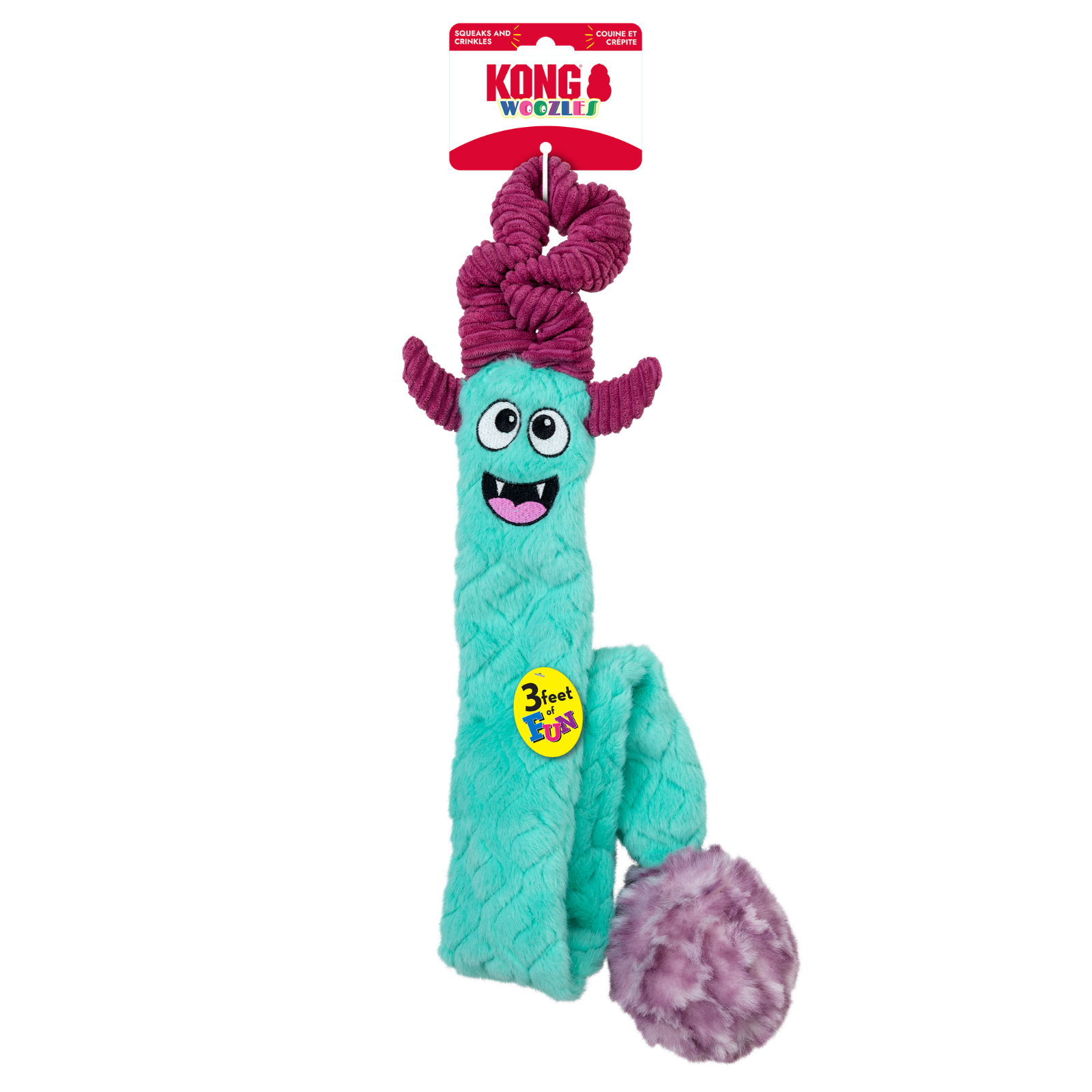 Kong Wowie! monster dog toy in mint green with a purple twisted rope head and a purple ball, on a white background with its retail header card visible.