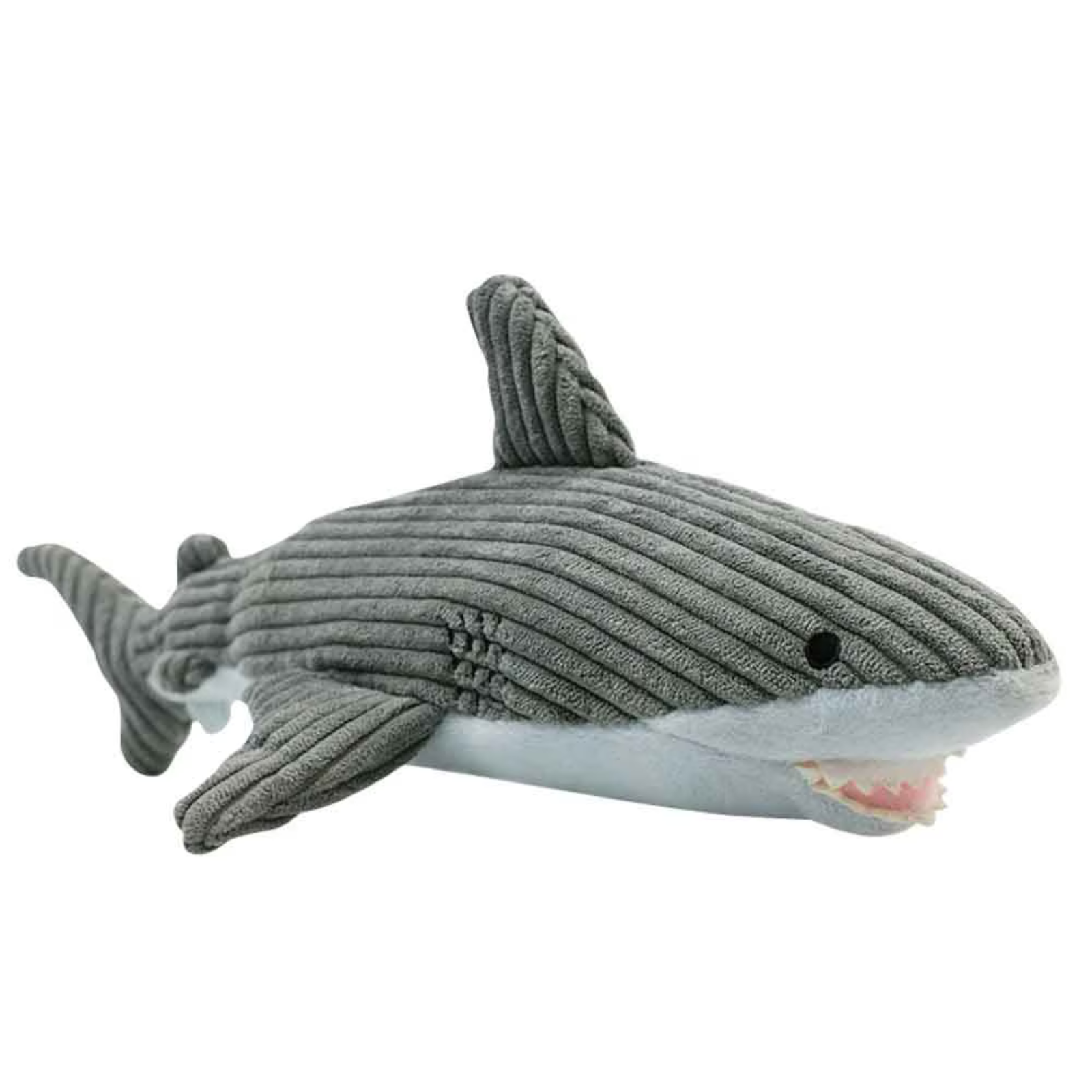 A plush shark toy made from ribbed gray corduroy fabric, featuring a white underside, small black eyes, and an open mouth with tiny pink and white teeth, shown on a plain white background.