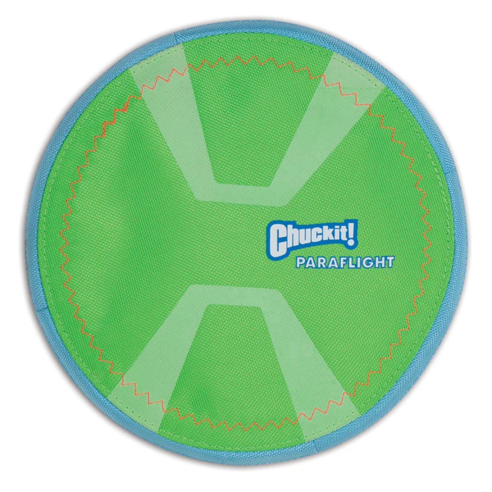 Green and blue Chuckit! Paraflight dog toy on a white background