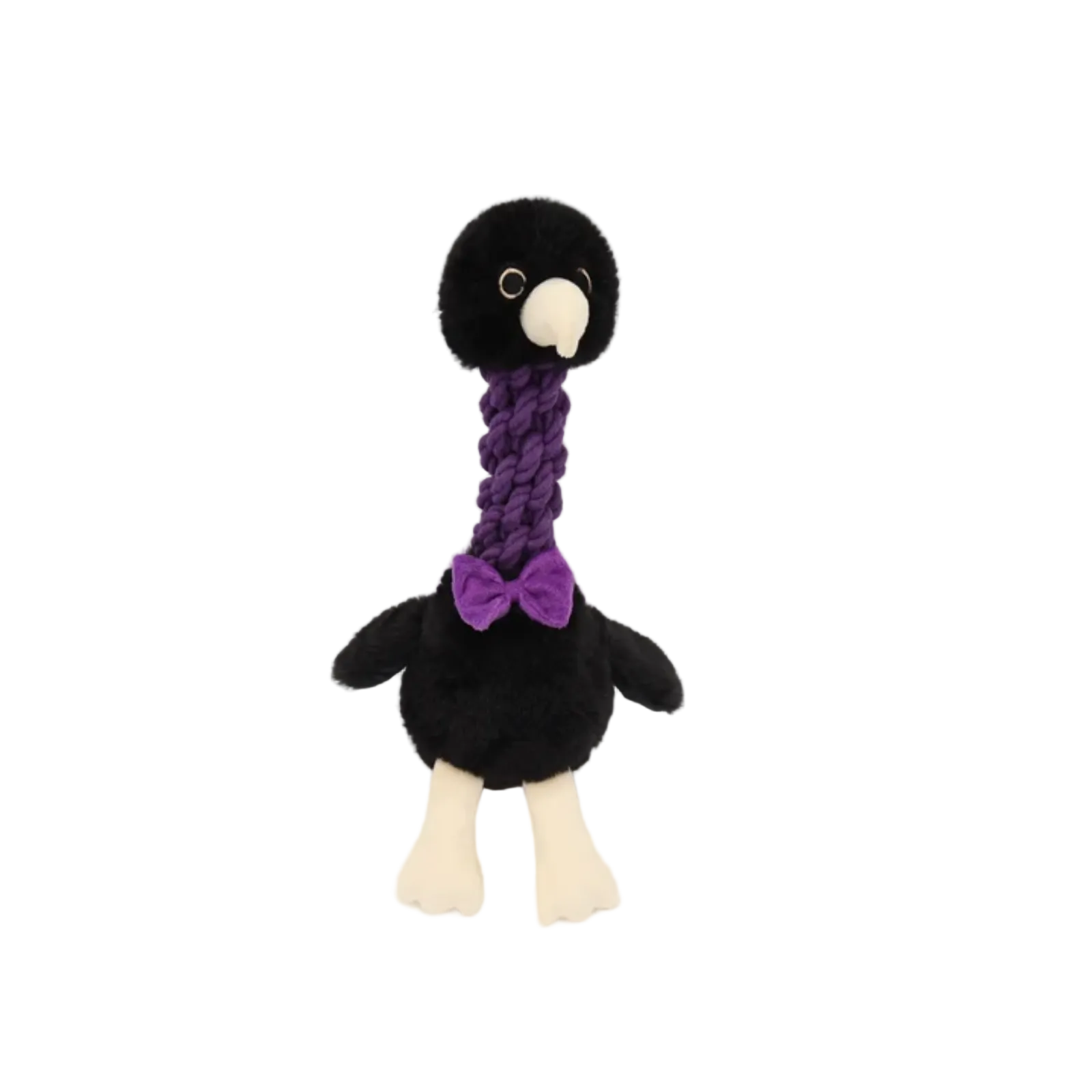 A black plush toy bird with a purple braided neck, purple bow tie, and cream-colored beak and feet, photographed against a plain light gray background.