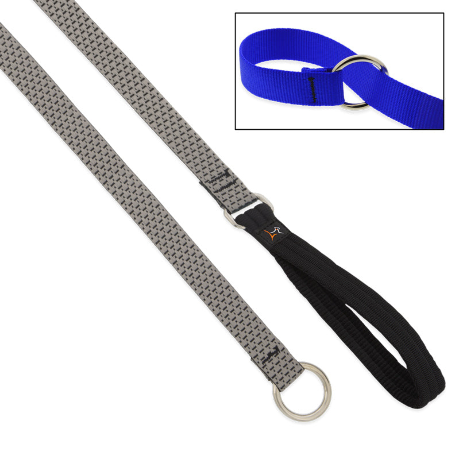 Gray dog leash with black handle and blue collar on a white background