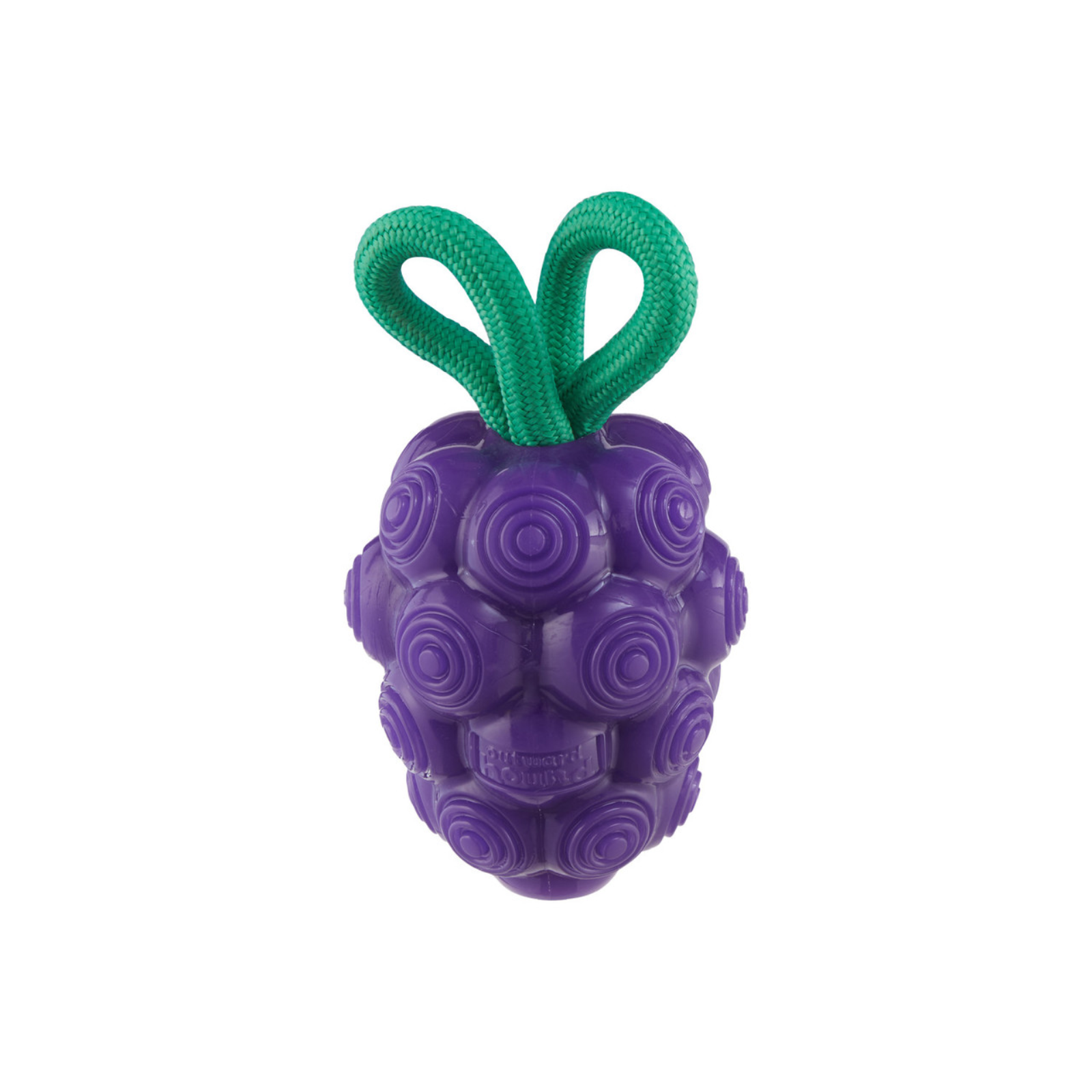 Purple textured dog toy with green handles on a white background