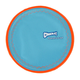 A round blue disc with an orange stitched border and the Chuckit! PARAFLIGHT logo in the center, shown on a plain white background.