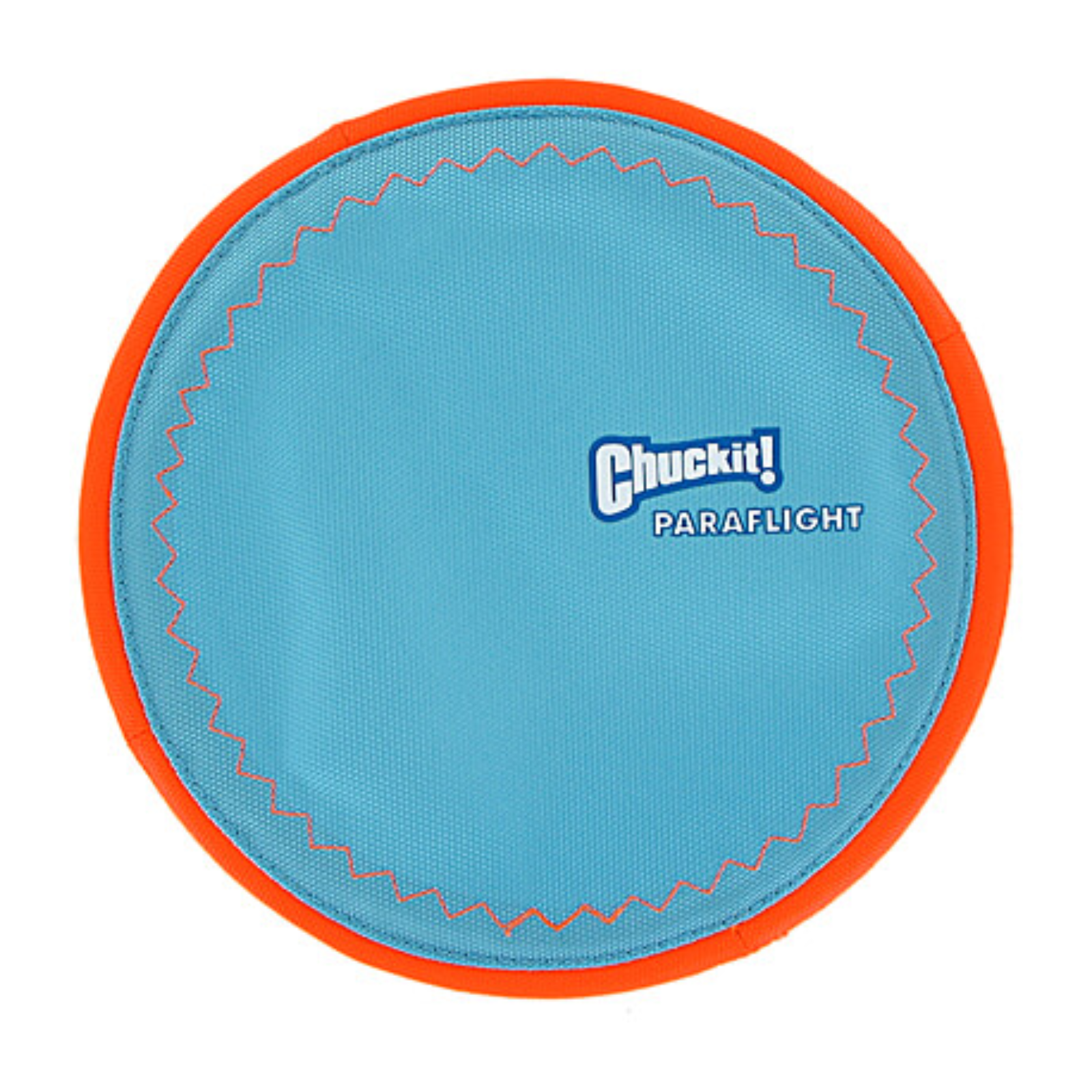 A round blue disc with an orange stitched border and the Chuckit! PARAFLIGHT logo in the center, shown on a plain white background.