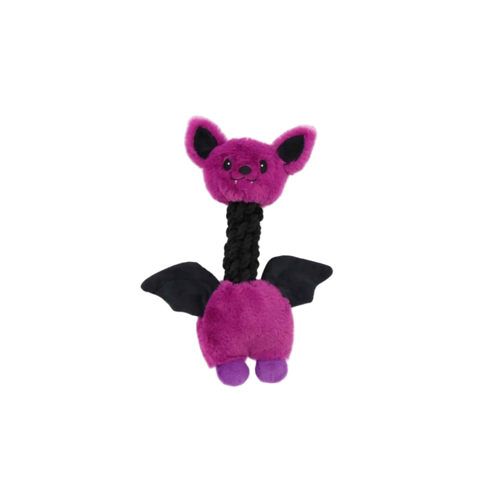 A plush bat-shaped dog toy in vibrant purple with black wings, a black braided neck, and small purple feet, photographed against a solid white background.