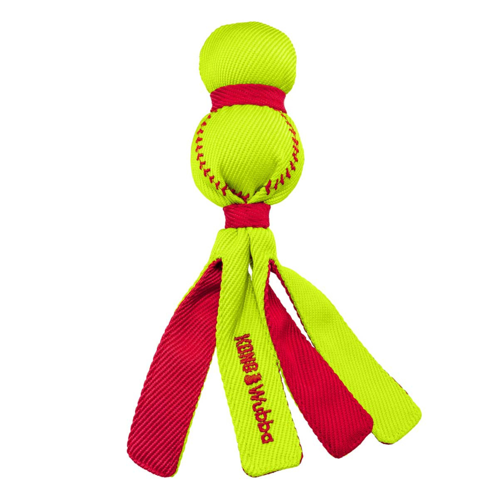Dog toy with two bright green balls and red ribbons on a white background
