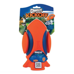 Chuckit! Kickoff dog toy in bright orange and blue, attached to its retail blister packaging with a cartoon dog illustration and product text.