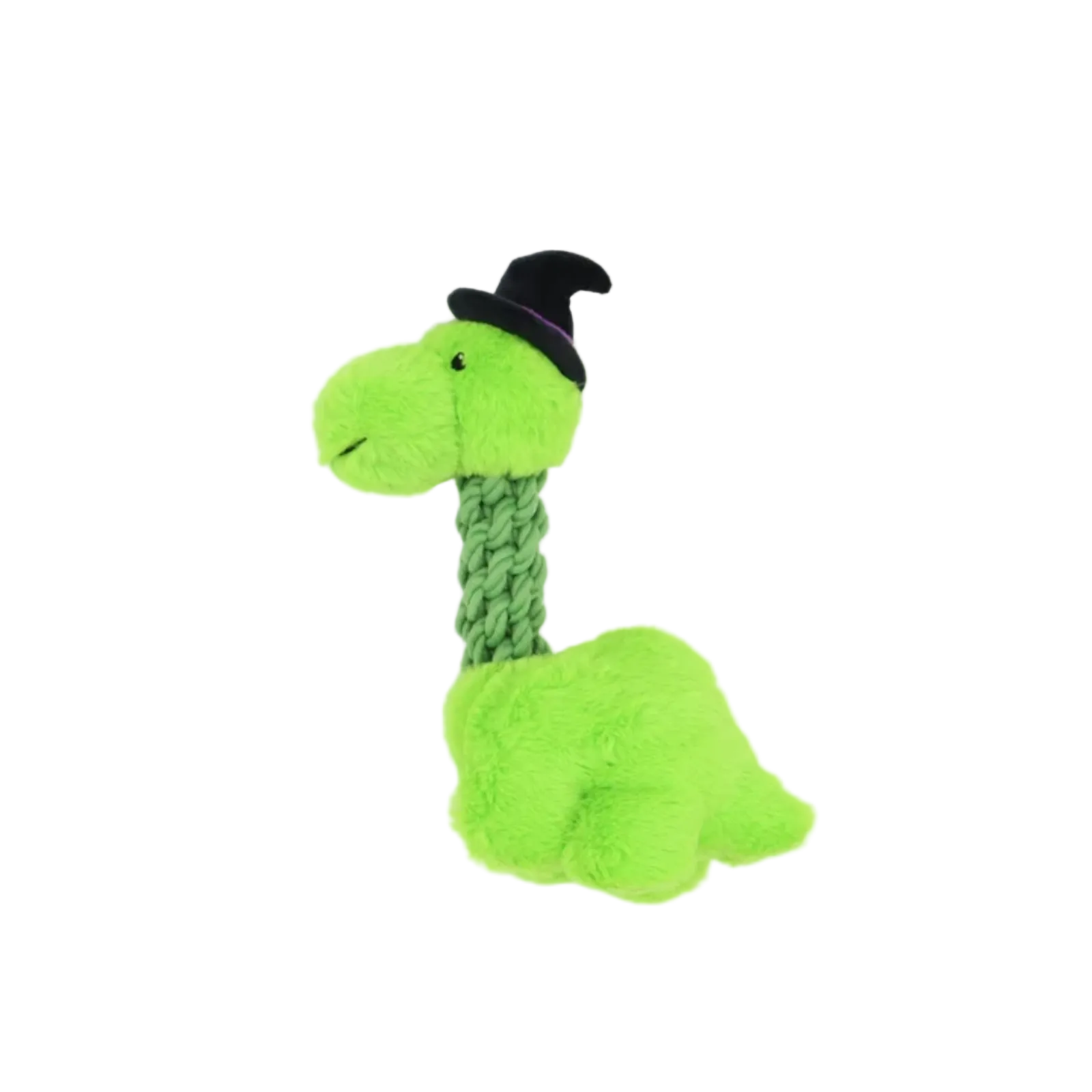 A green plush dinosaur toy with a braided neck and a small black witch hat, photographed on a clean white background.