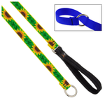 A woven pet collar with a green and yellow sunflower pattern, a black loop handle, and a silver metal ring, shown alongside an inset image of a solid blue version of the collar.