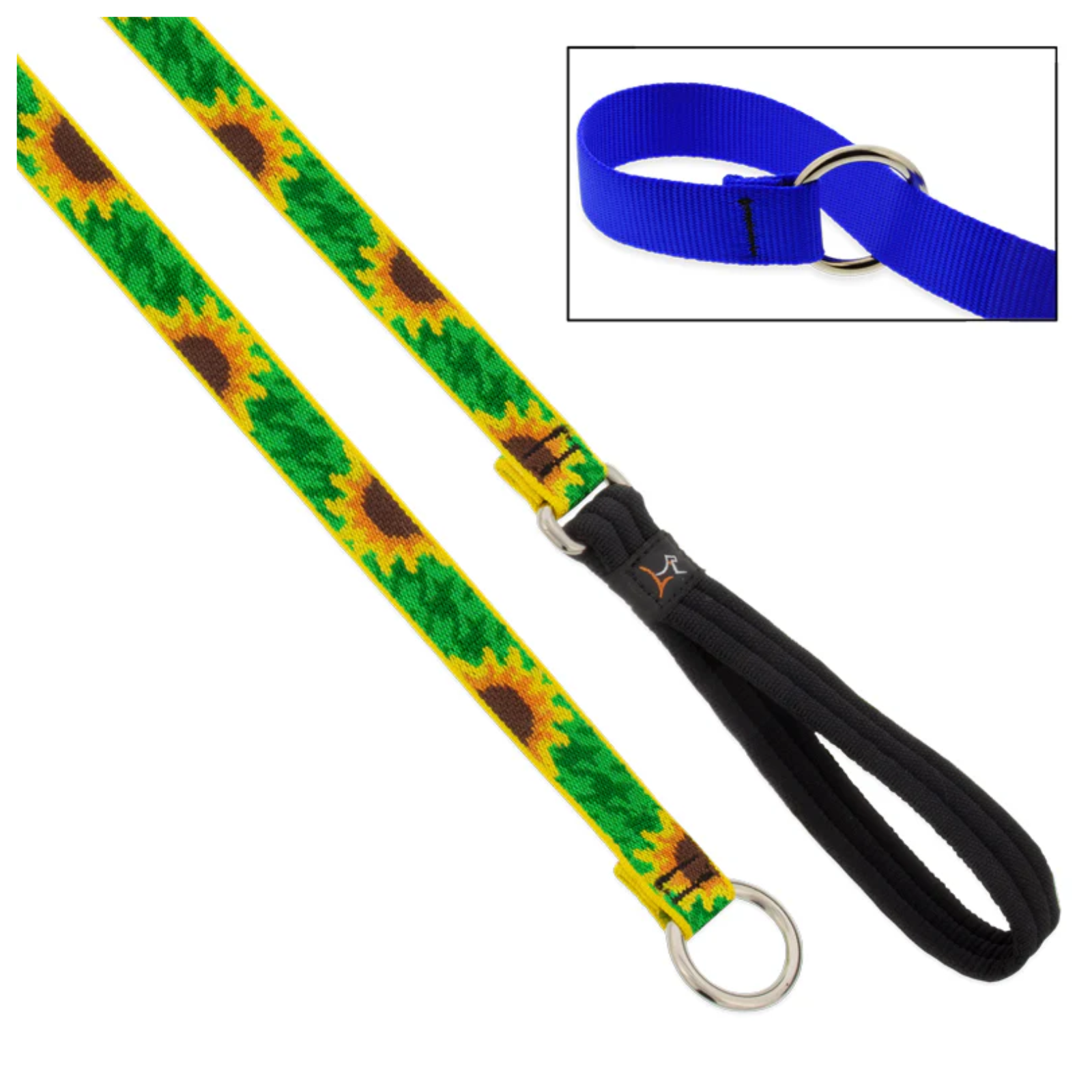 A woven pet collar with a green and yellow sunflower pattern, a black loop handle, and a silver metal ring, shown alongside an inset image of a solid blue version of the collar.