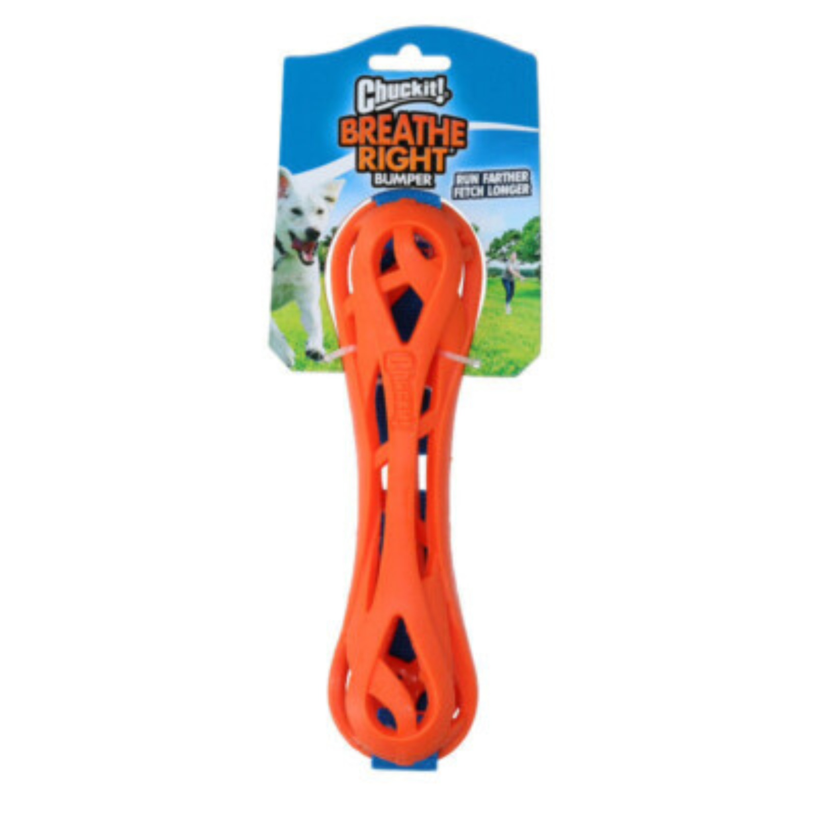 An orange Chew-it Breathe Right slumber toy for dogs, shown in its original blue and white cardboard packaging against a white background.