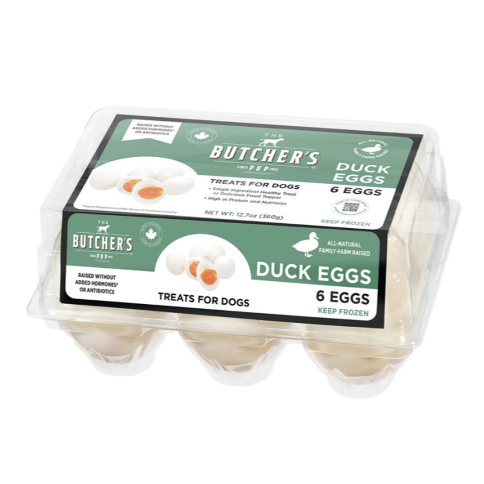 The Butcher's Pup Frozen Duck Eggs in a 6 count container.