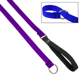 Purple dog leash with black handle on a white background