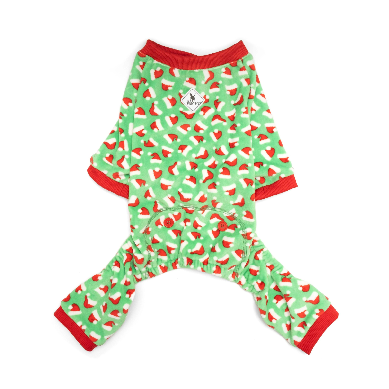 A green dog pajama set with a red and white Christmas stocking pattern, featuring red trim on the neck, cuffs, and ankles, laid flat on a white background.