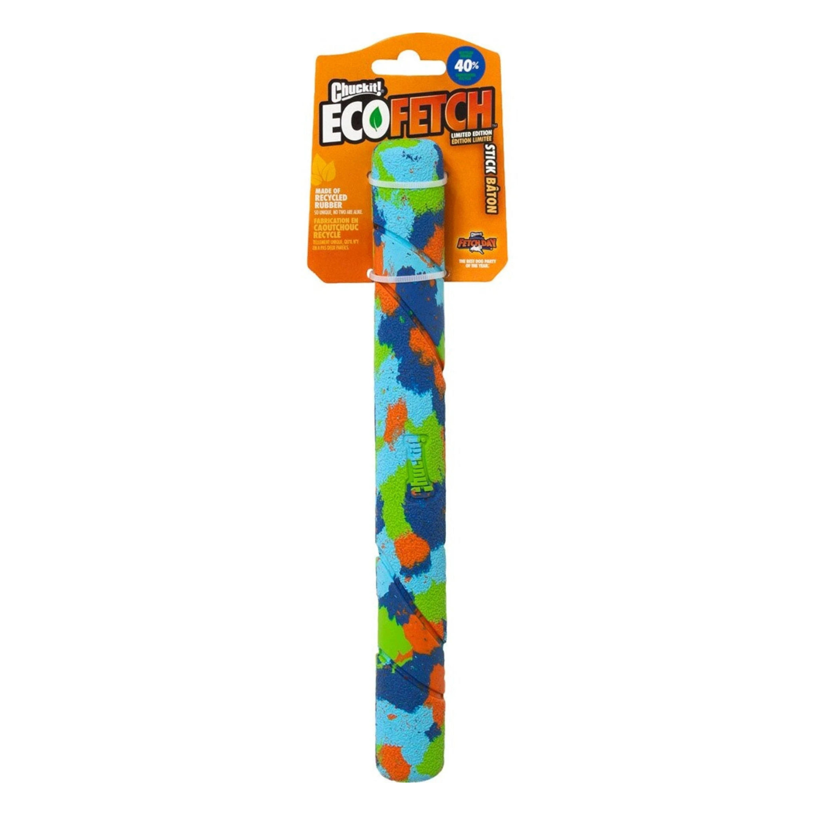 A dog toy called the 'Plushies ECOFETCH' dog fetch stick, featuring a colorful abstract pattern in blue, green, orange, and yellow, packaged in its original orange and white cardboard blister packaging.