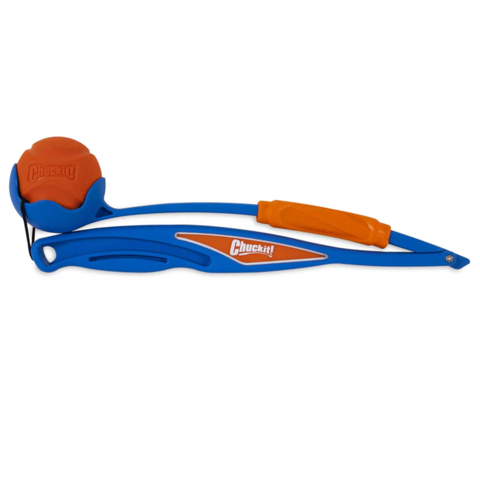 Blue and orange Chuckit! dog toy on a white background