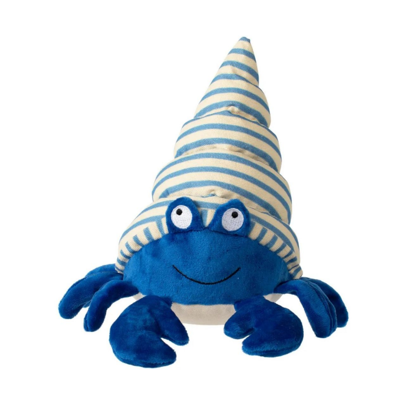 A blue plush crab toy with a striped blue and cream wizard hat, shown against a plain white background.