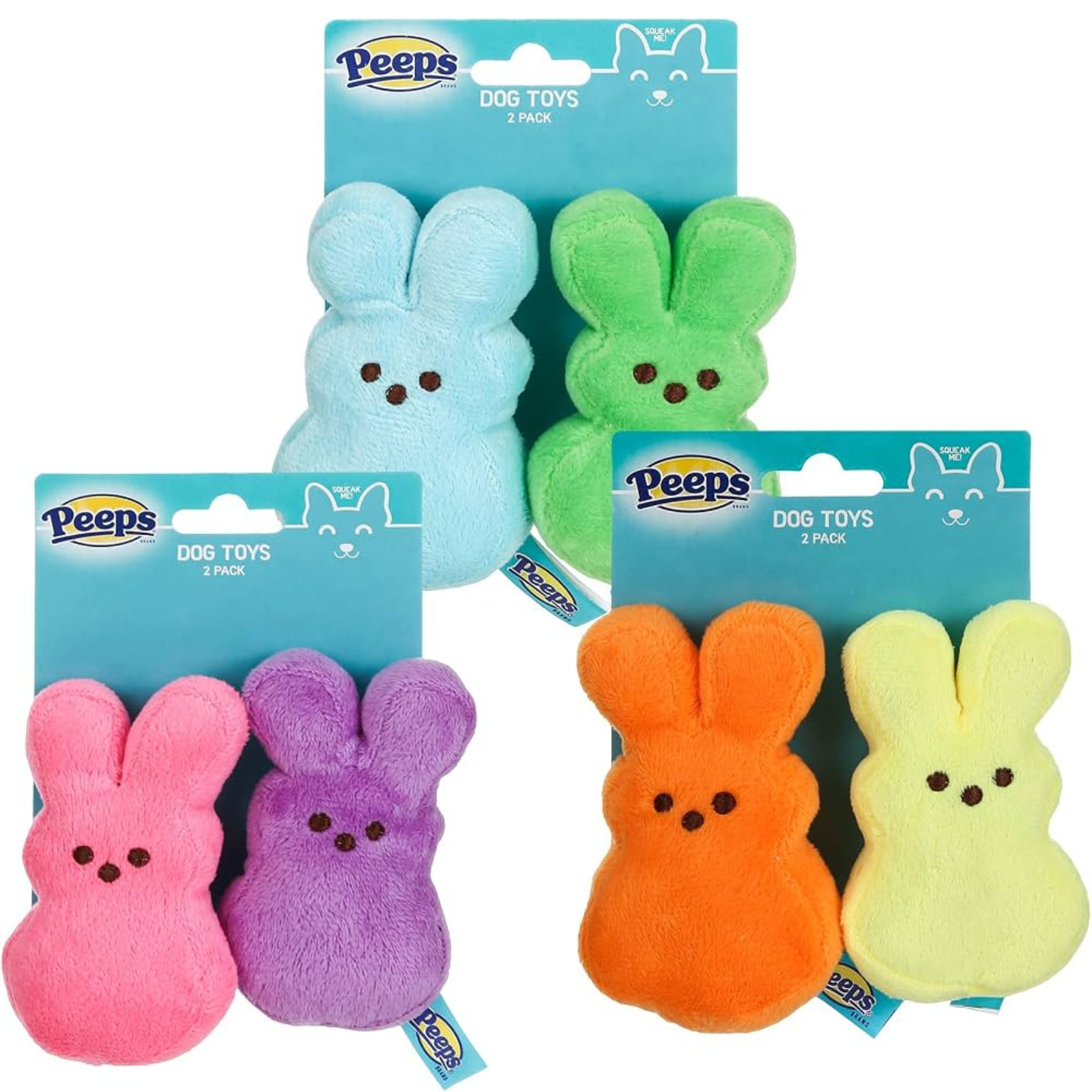 Four packages of Peeps plush dog toys on a white background, each containing two marshmallow-shaped bunny toys in different colors: light blue, green, pink, purple, orange, and yellow.
