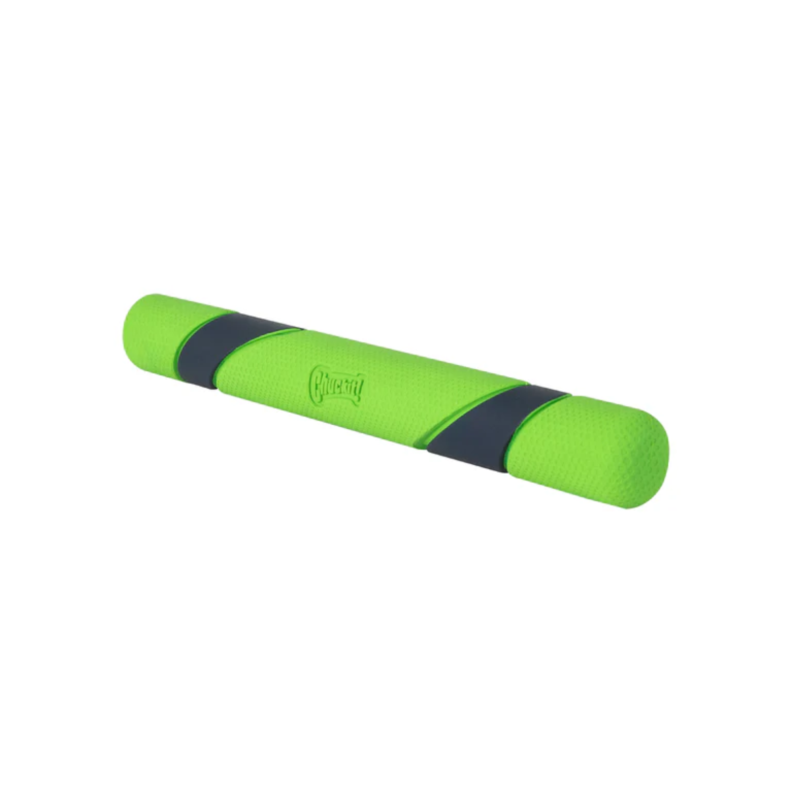 Green retrieving stick with black bands on a white background