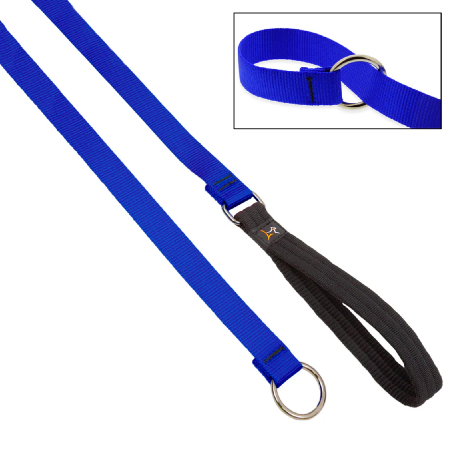 Blue dog leash with black handle on a white background