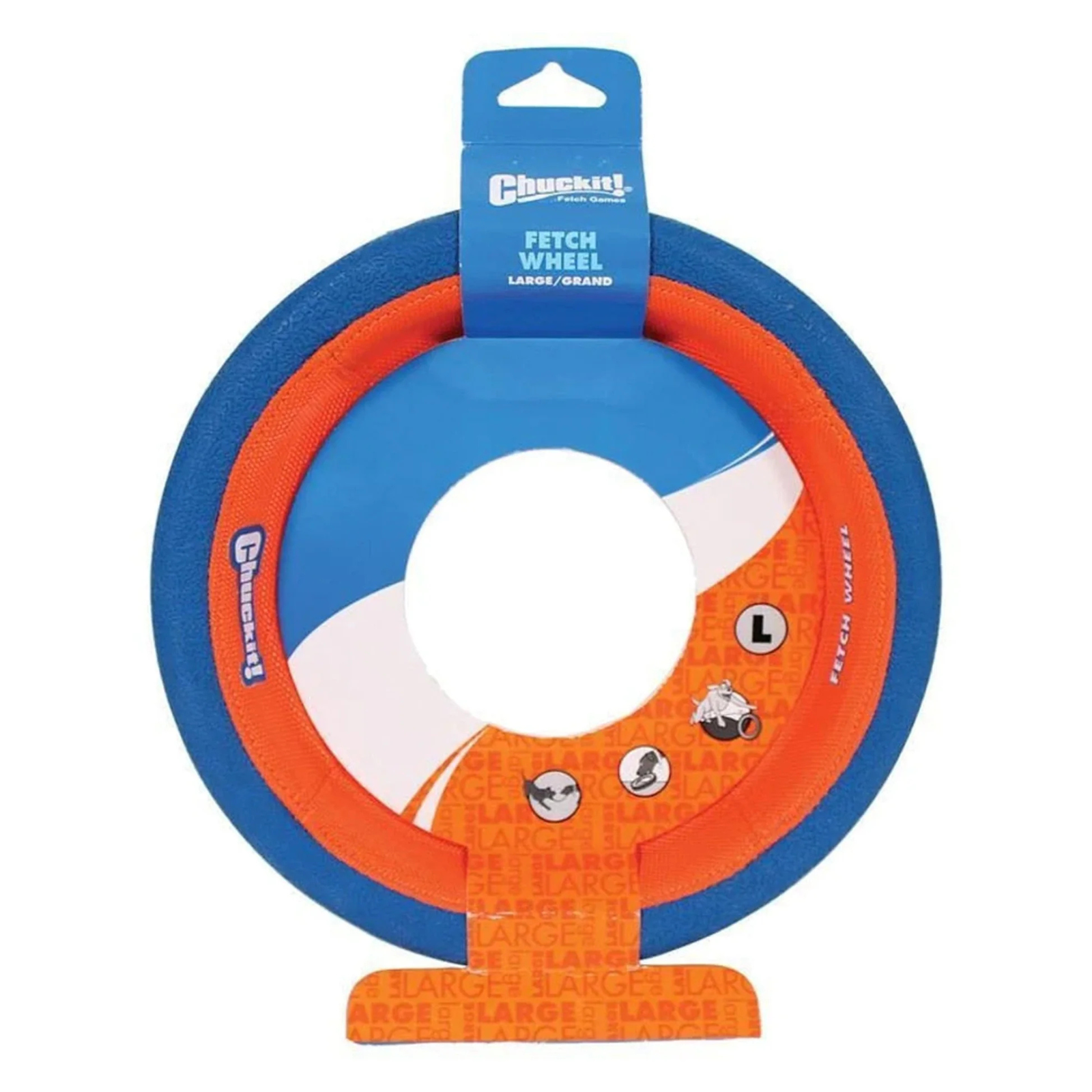 Chuckit! Fetch Wheel Large / Extra Large dog toy in blue and orange with a blue hanging tag, shown on a white background.