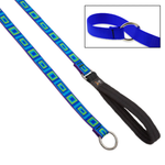 Blue and green patterned dog leash with black handle on a white background