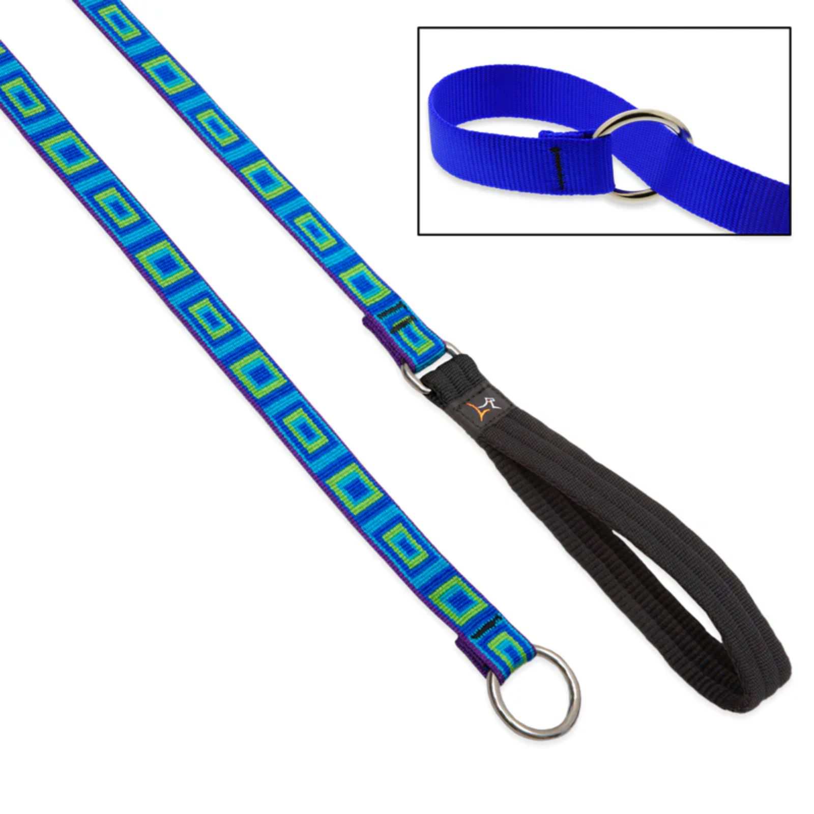 Blue and green patterned dog leash with black handle on a white background