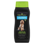 A bottle of Furminator 2-In-1 Doodle Shampoo & Conditioner for Goldenshadedoodles, featuring a black bottle with a bright lime green cap and a picture of a golden doodle on the front label.