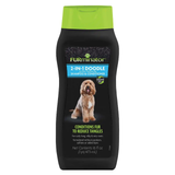 A bottle of Furminator 2-In-1 Doodle Shampoo & Conditioner for Goldenshadedoodles, featuring a black bottle with a bright lime green cap and a picture of a golden doodle on the front label.