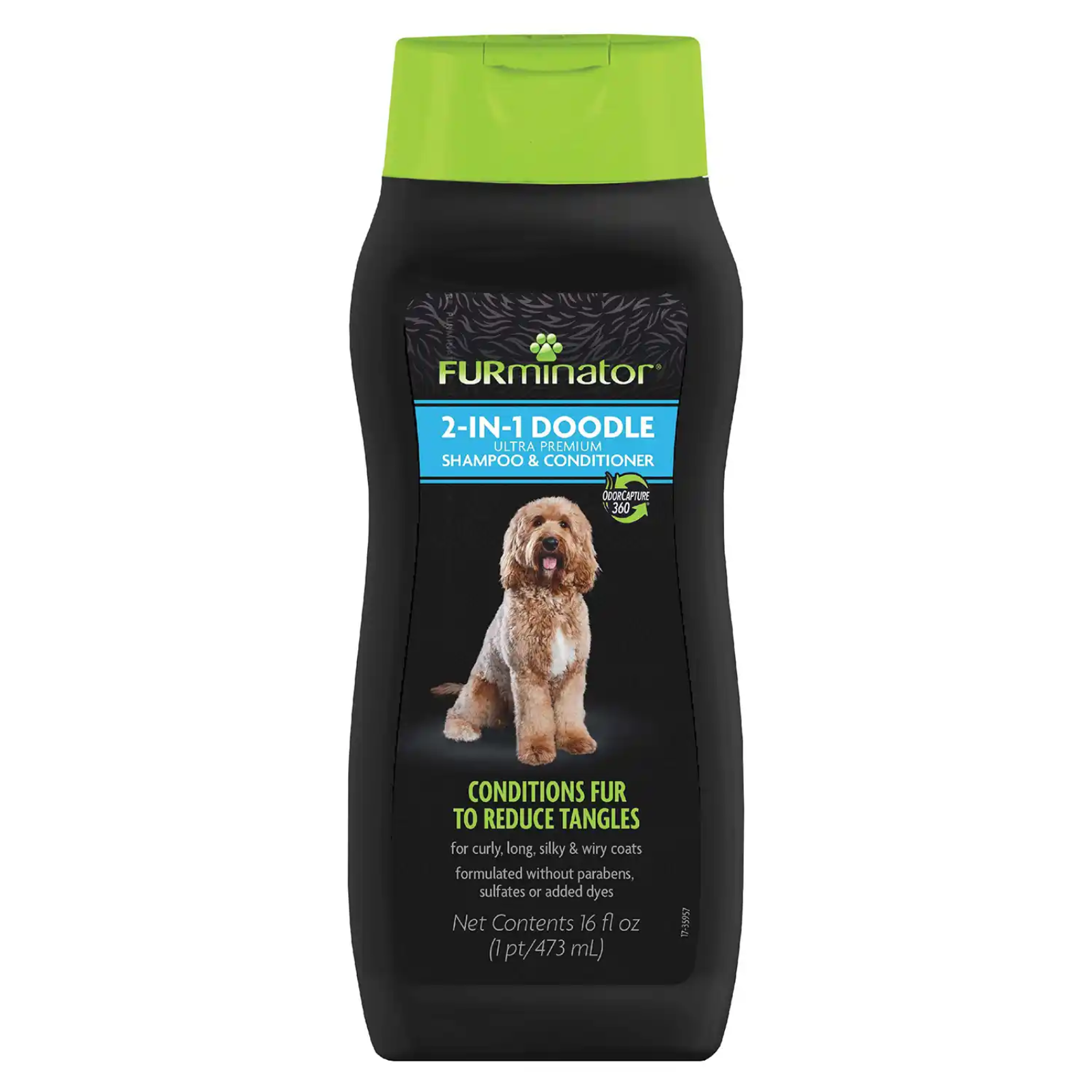 A bottle of Furminator 2-In-1 Doodle Shampoo & Conditioner for Goldenshadedoodles, featuring a black bottle with a bright lime green cap and a picture of a golden doodle on the front label.