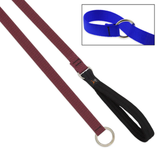 Maroon and black dog leashes with a blue collar inset on a white background