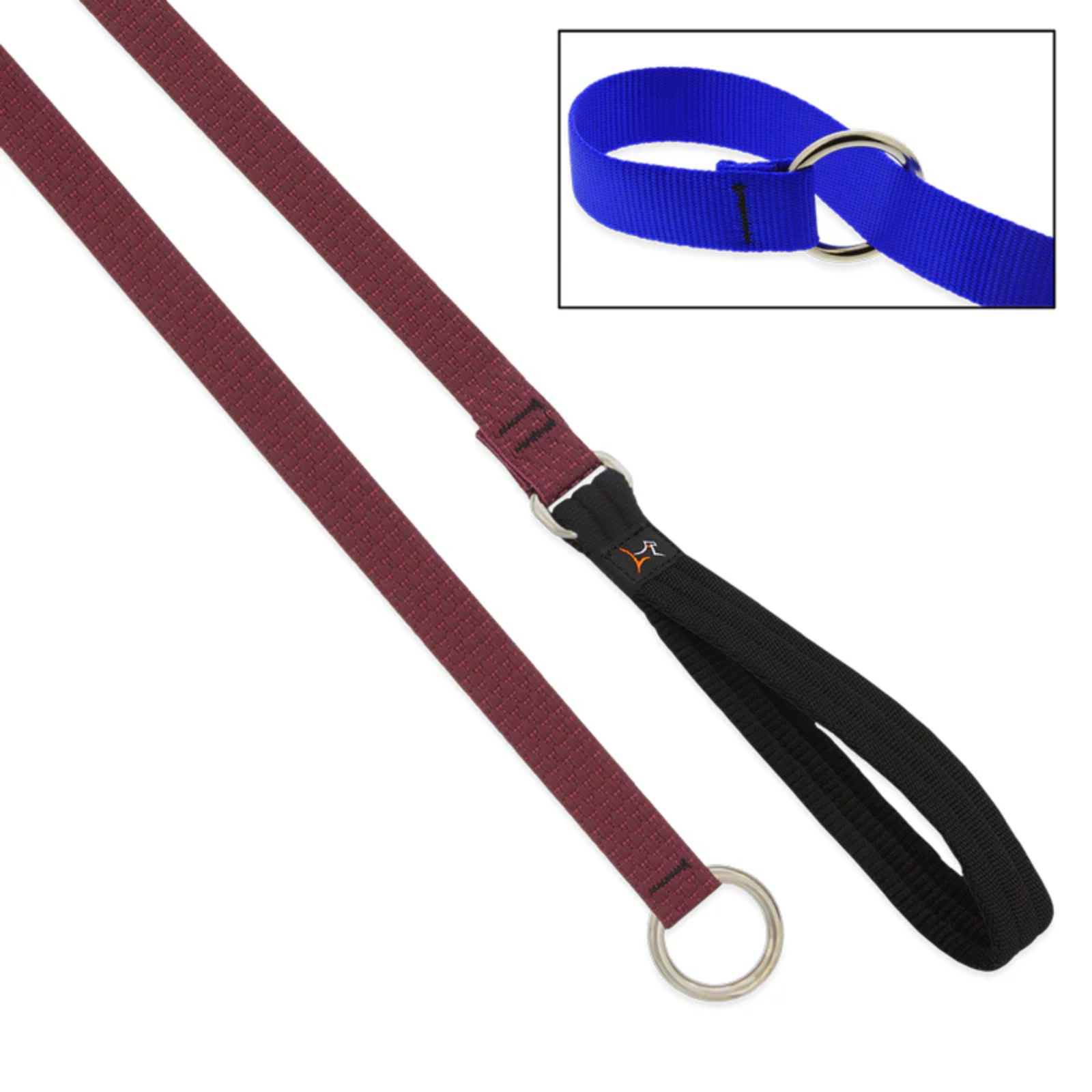 Maroon and black dog leashes with a blue collar inset on a white background