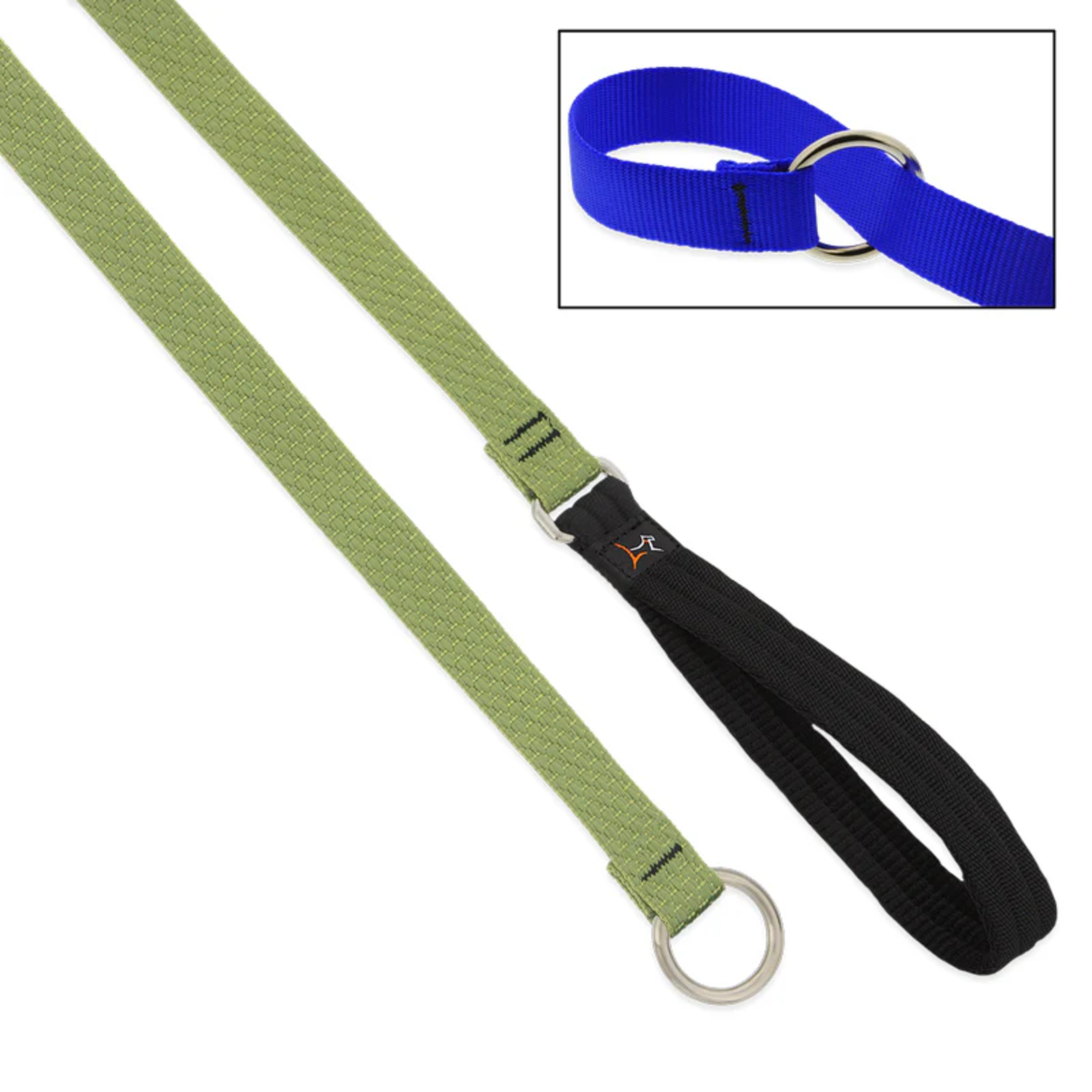 A green webbed strap with a black loop handle and silver metal D-ring, shown on a white background with an inset image of a blue version of the same strap.