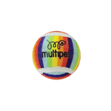 A round dog toy ball with a rainbow stripe pattern and the brand name 'multipei' printed in black in the center, isolated on a white background.